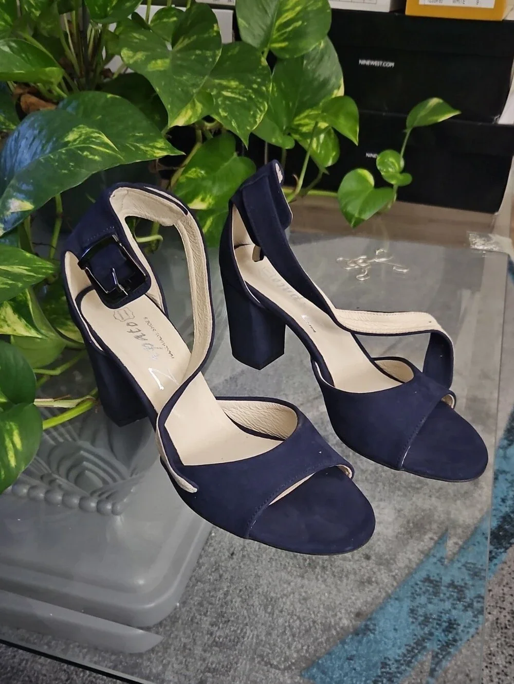 Women's Navy Suede Block Heel Sandals with Buckle Ankle Strap